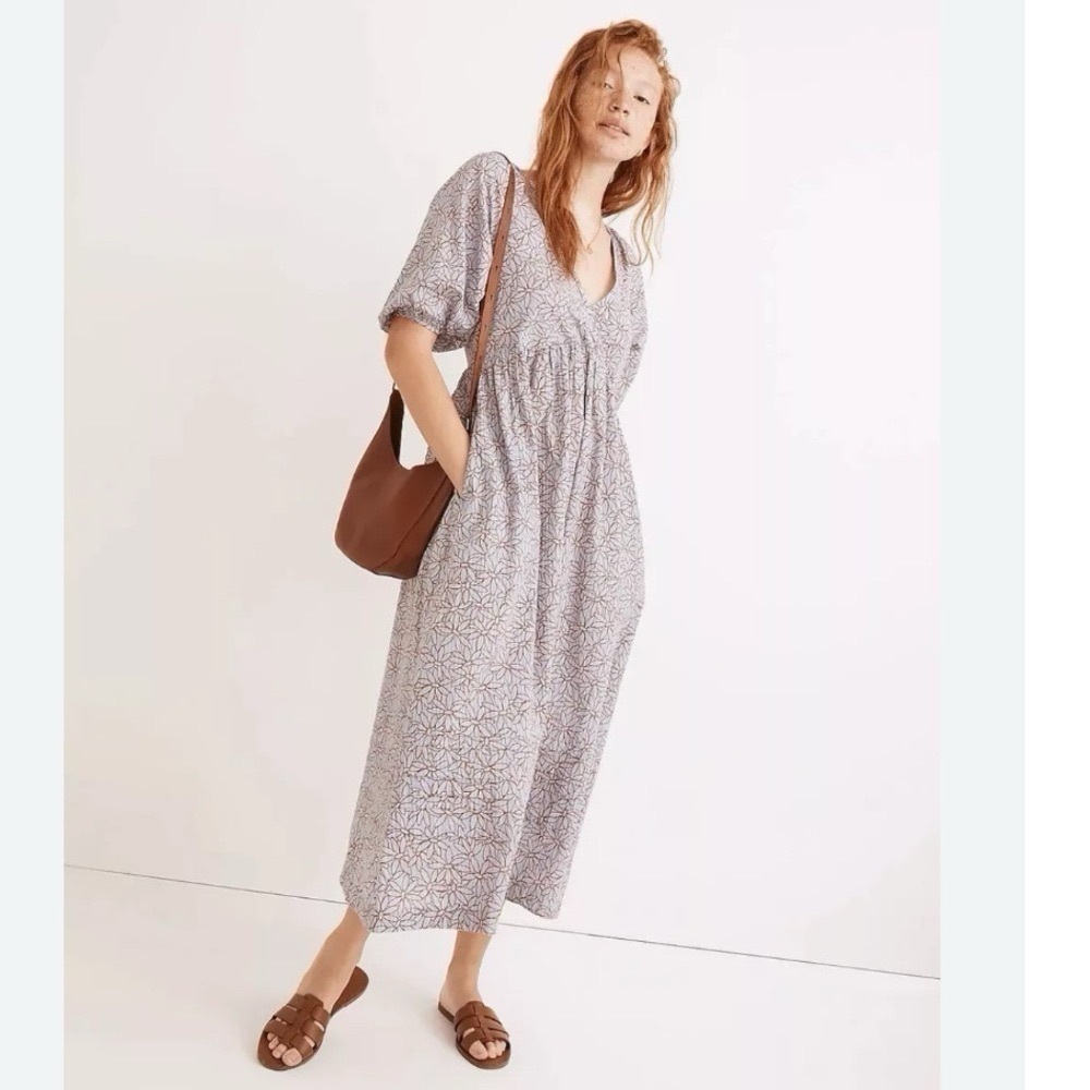 NEW Madewell Women’s Marianna Puff-Sleeve Midi Dress in Dream-On Daisies